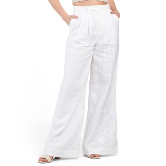 AQUA BLU BLANCO Linen Blend Audrey Embroidered Pants